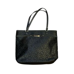 Tommy Hilfiger Black Tote Bag with navy and red interior and faux leather trim